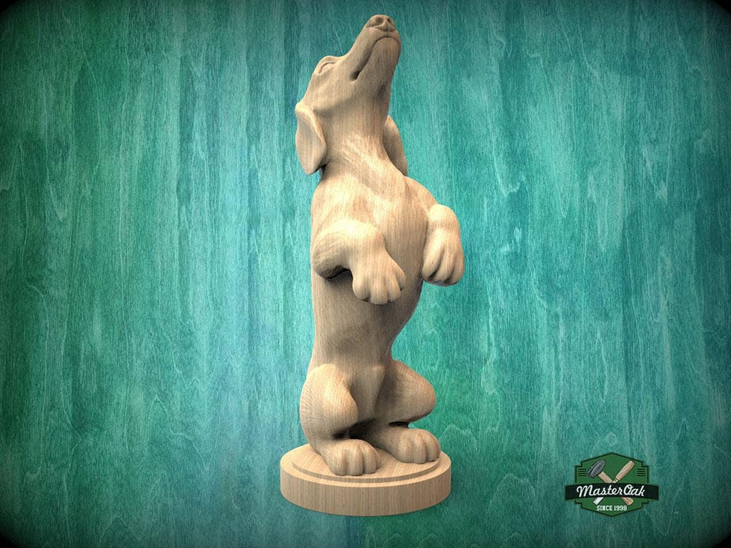 A wooden sculpture of a dog standing on its hind legs, with a green background.