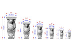 a series of seven different sizes of a carved stone bird, each corresponding to a specific measurement in centimeters.