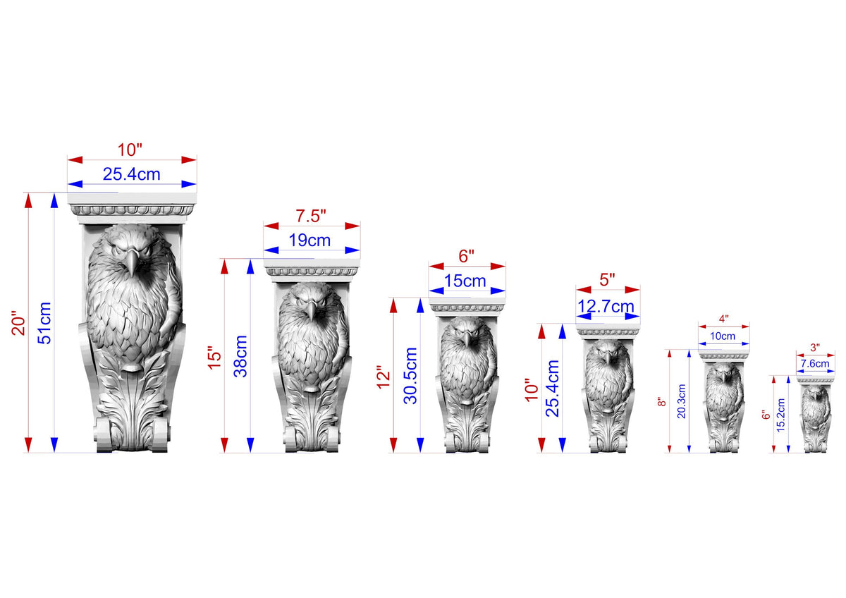 a series of seven different sizes of a carved stone bird, each corresponding to a specific measurement in centimeters.