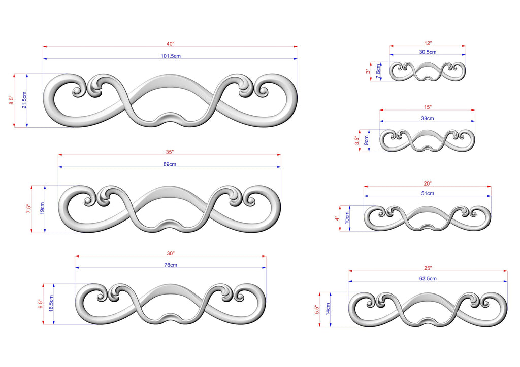 a collection of six different designs or patterns, each with its own set of measurements and scale. The designs are arranged in a grid format, with each design being a separate element within the larger collection. The measurements provided are in centimeters, and the scale is in millimeters. The image does not contain any redundancy or vague descriptions, and it does not include any additional text that would not be relevant to the content of the image.