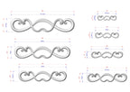 a collection of six different designs or patterns, each with its own set of measurements and scale. The designs are arranged in a grid format, with each design being a separate element within the larger collection. The measurements provided are in centimeters, and the scale is in millimeters. The image does not contain any redundancy or vague descriptions, and it does not include any additional text that would not be relevant to the content of the image.