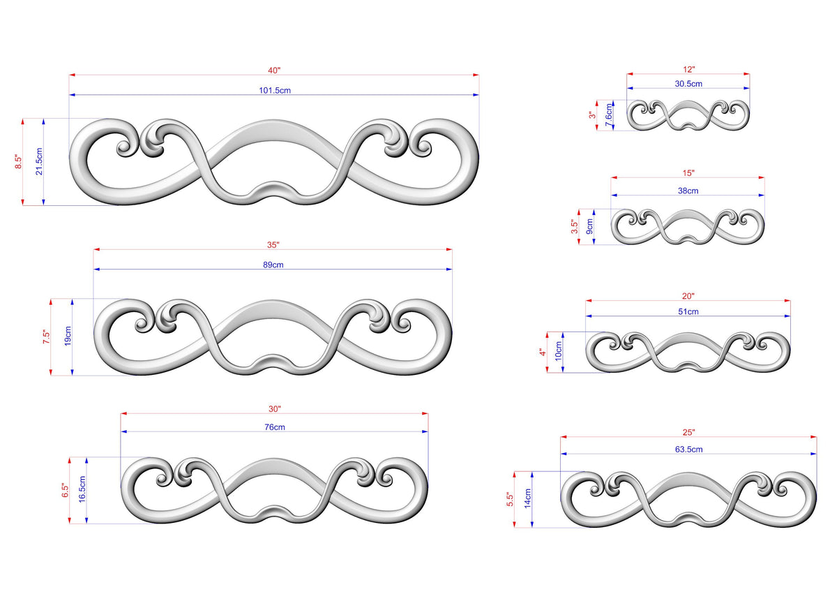 a collection of six different designs or patterns, each with its own set of measurements and scale. The designs are arranged in a grid format, with each design being a separate element within the larger collection. The measurements provided are in centimeters, and the scale is in millimeters. The image does not contain any redundancy or vague descriptions, and it does not include any additional text that would not be relevant to the content of the image.