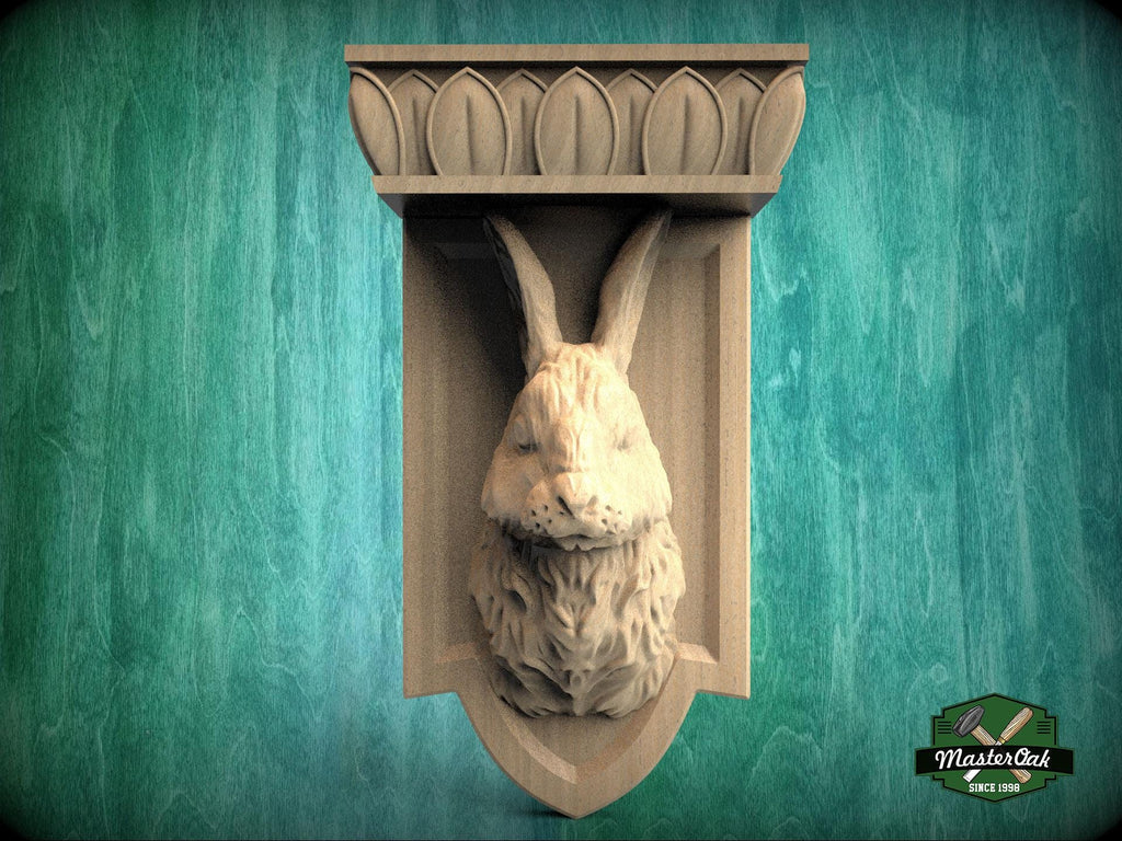 Carved Wooden Rabbit Corbel, Rustic Bunny Shelf Support
