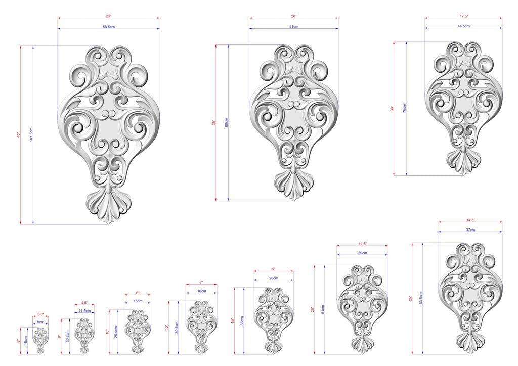 a collection of ornate, decorative designs with intricate patterns and measurements. The designs are presented in various sizes, ranging from small to large, and are arranged in a grid-like pattern. The image does not contain any text or additional elements that would require a more detailed description.