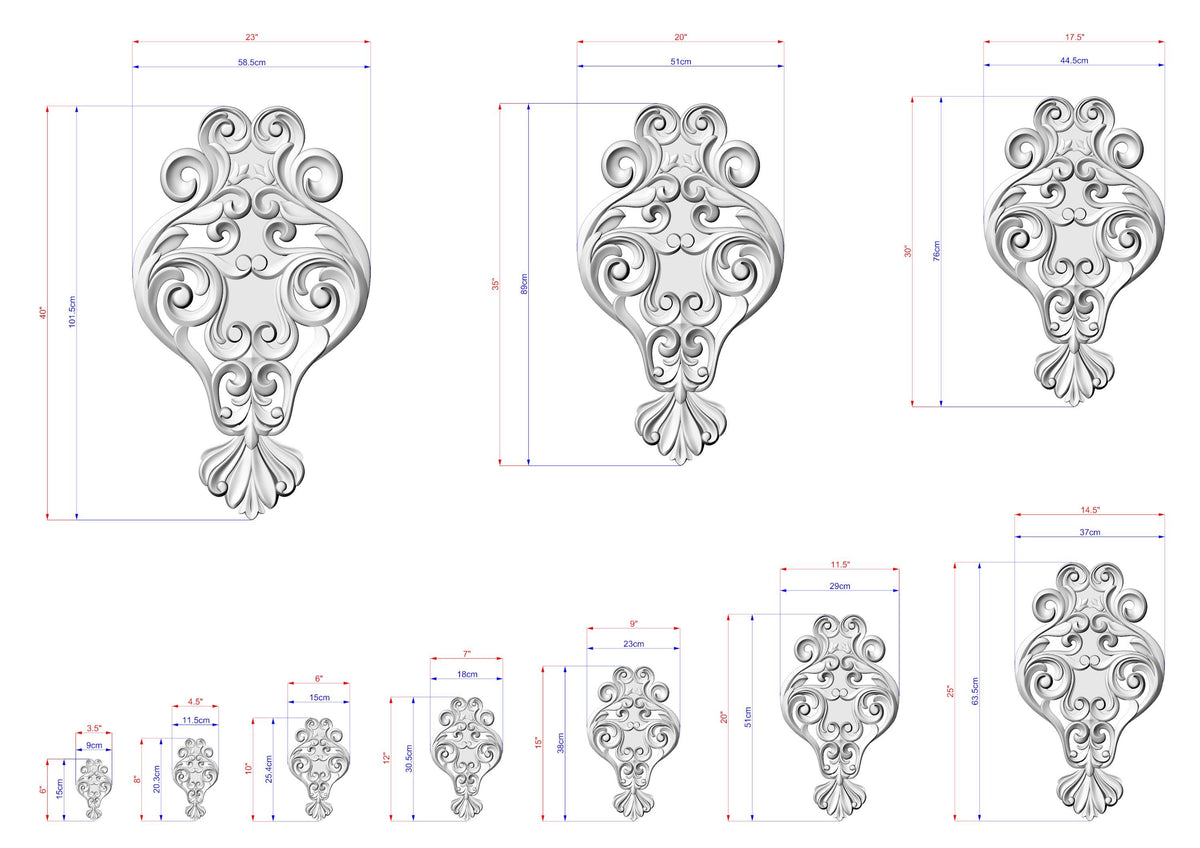 a collection of ornate, decorative designs with intricate patterns and measurements. The designs are presented in various sizes, ranging from small to large, and are arranged in a grid-like pattern. The image does not contain any text or additional elements that would require a more detailed description.