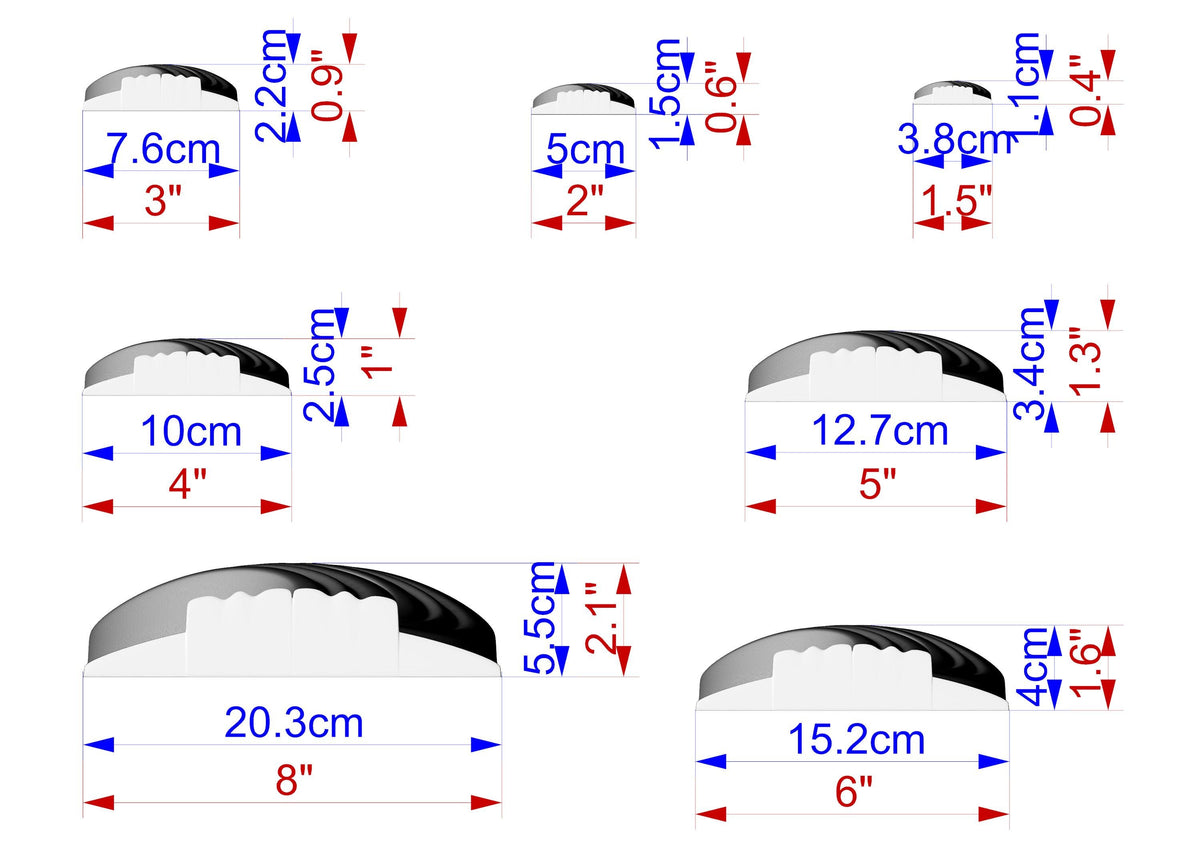 a series of six different sizes of a black and white object, each labeled with its corresponding measurement in centimeters. The sizes range from 7.6 cm to 3.8 cm, with intermediate measurements such as 5 cm, 12.7 cm, and 15.2 cm. The image is a collage of these sizes, and the text provides the corresponding measurements for each size.