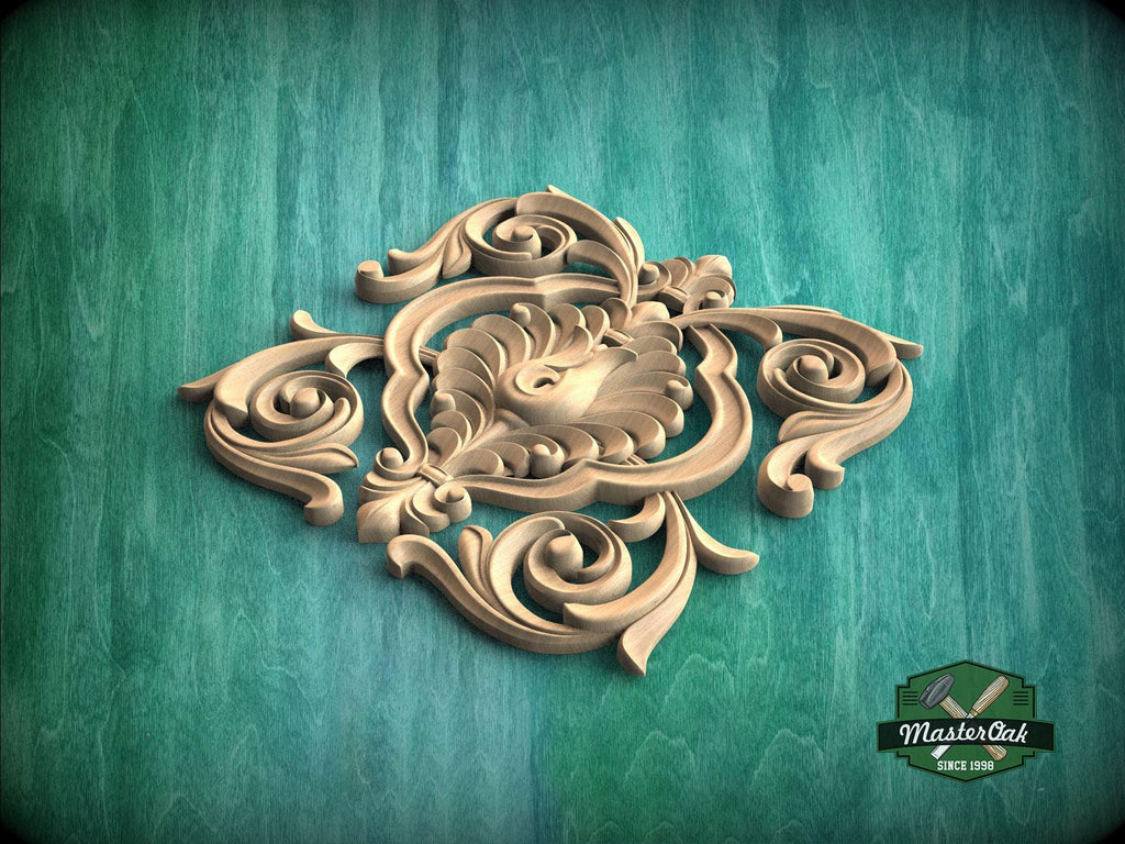 A decorative wooden carving with intricate scrollwork and floral patterns is displayed against a green background.