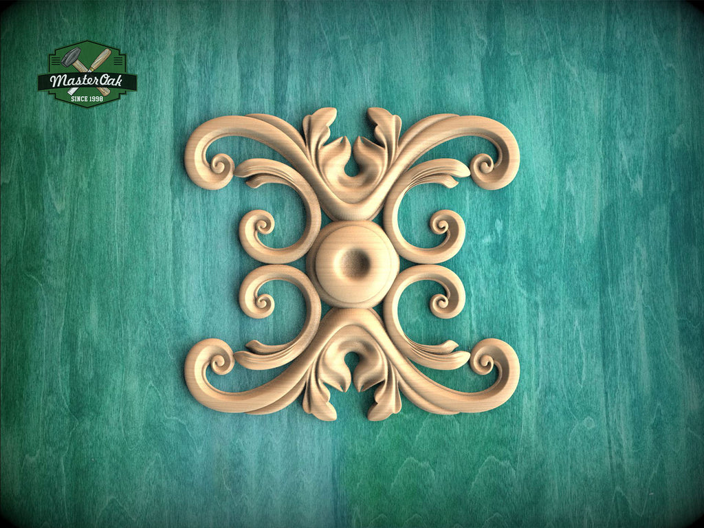 a decorative wooden carving with an intricate design on a green background.