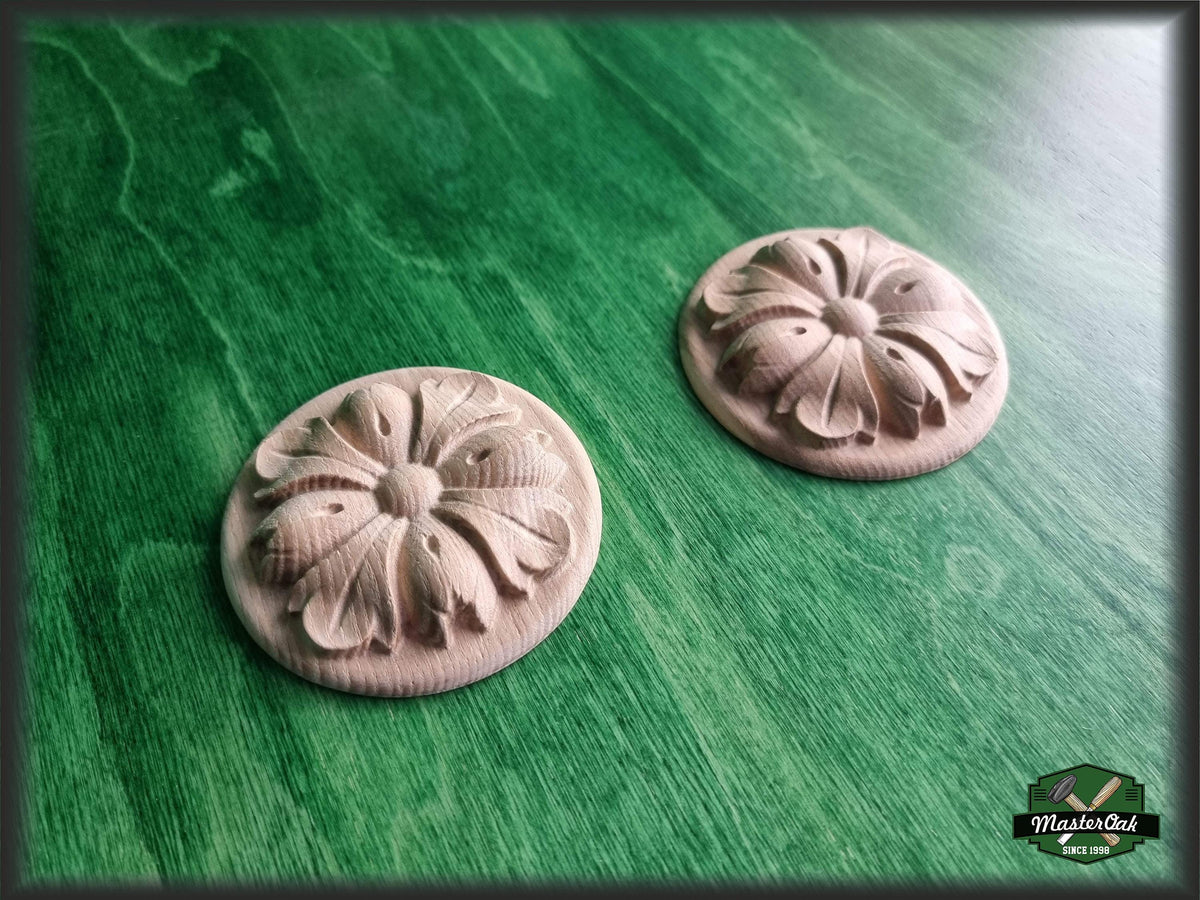 Pair of Carved Vintage Flower Round Wooden Rosette Onlay, Home Wall Embellishments, wood onlays, wood wall art decor