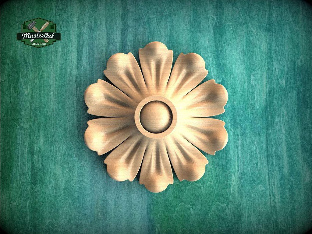 A wooden flower-shaped object is displayed against a green background.