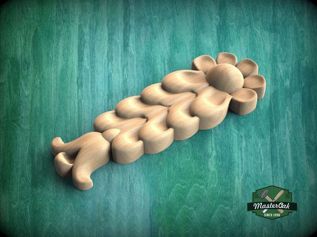 A wooden flower-shaped object with a curved petal design is shown against a green background.