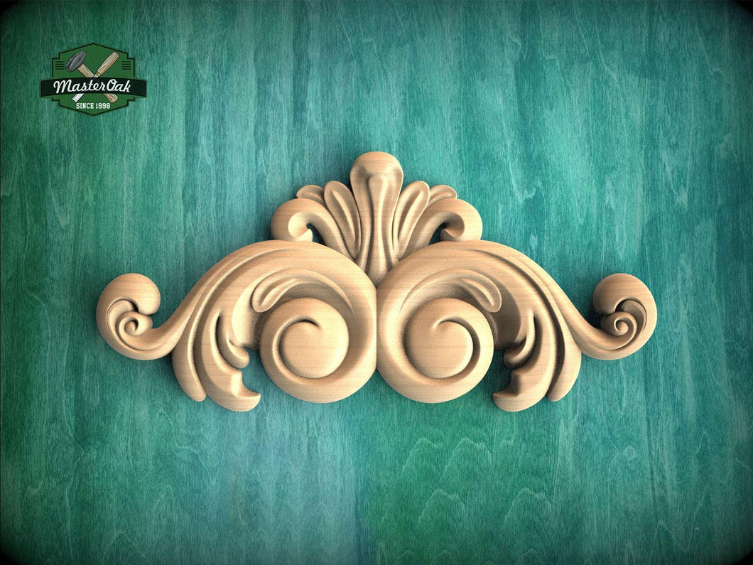 A decorative wooden carving in the shape of a scroll or scrollwork is displayed against a green textured background.