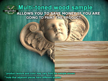 Load image into Gallery viewer, Angel Head Carved Wood Applique, Angel with wings, Carved Angel, religion decor, carved decoration of wood, wooden onlay
