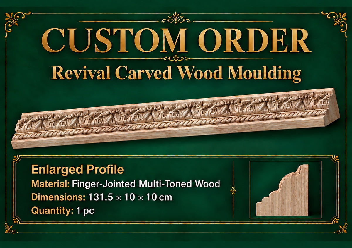 Custom order. Revival Carved Wood Molding with an enlarged profile. Finger-jointed multi-tonal wood (1 piece).