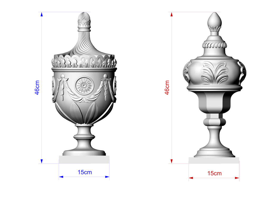 Custom order. 18th Century English Urn in Wood -1pc and Victory Finial made of Wood - 1pc, height - 46cm x base width - 15cm, Ash, Unpainted