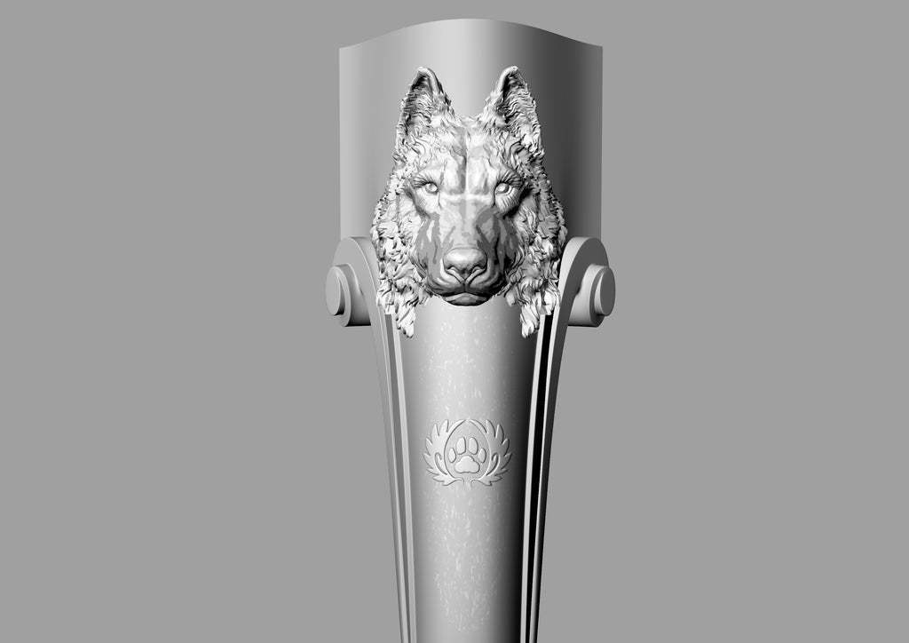 Custom order. Table Leg Antique Style With Wolf Head, Logo And Paw. 4pc, height 660mm, Oak
