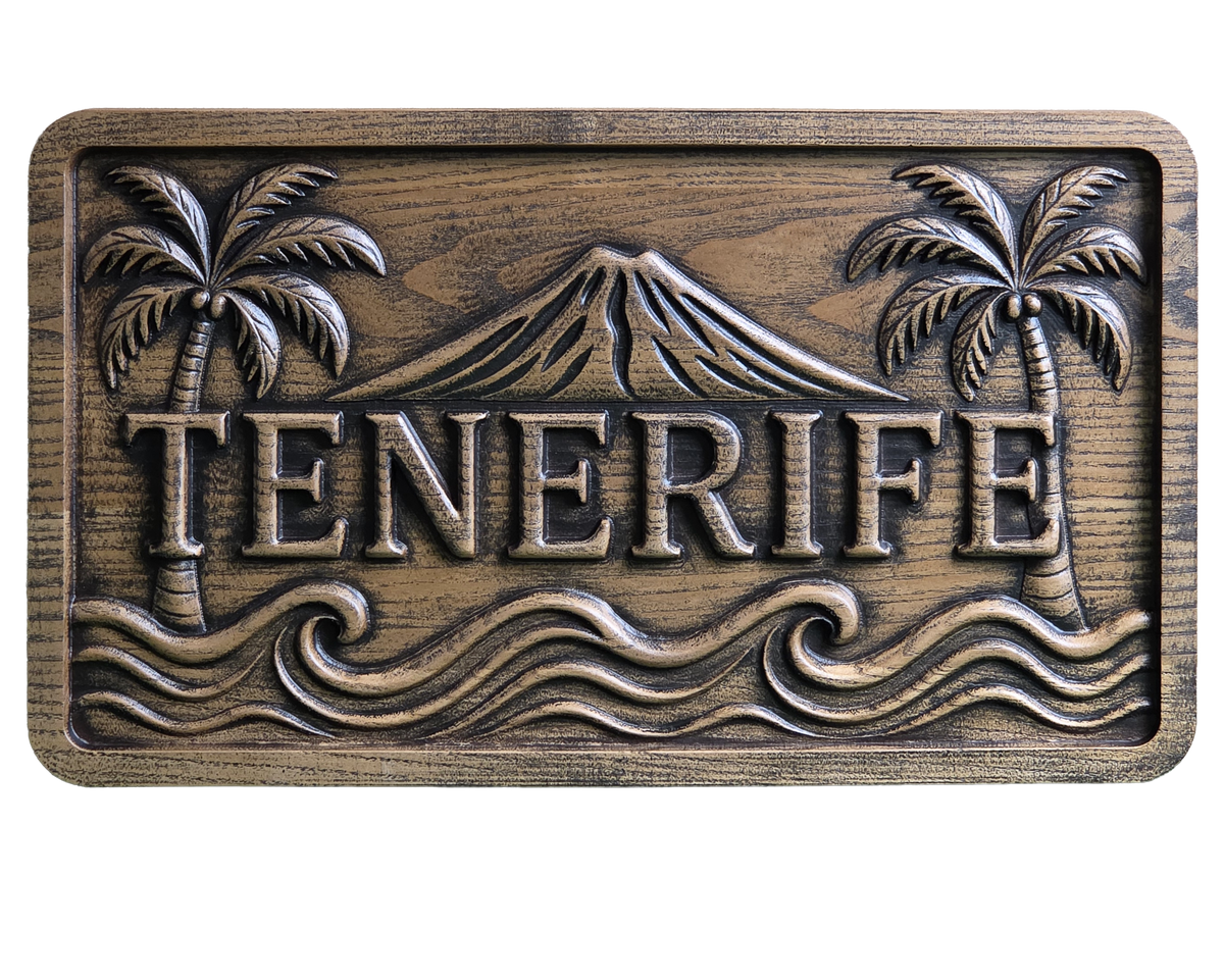 PATNF-001 Panel de madera tallada “Tenerife — Palmas y Olas”