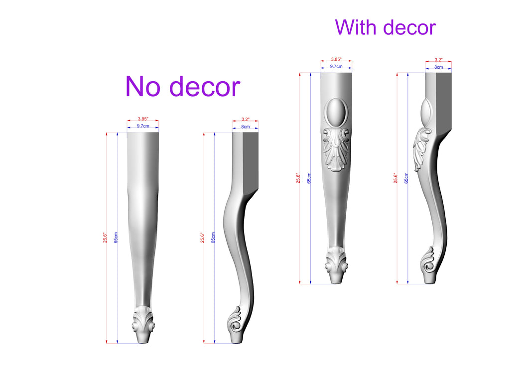 Custom order. Beautiful Carved Cabriole Legs, Set of 4pcs. 65 cm long (2 pcs without decor and 2 pcs with decor). Ash wood