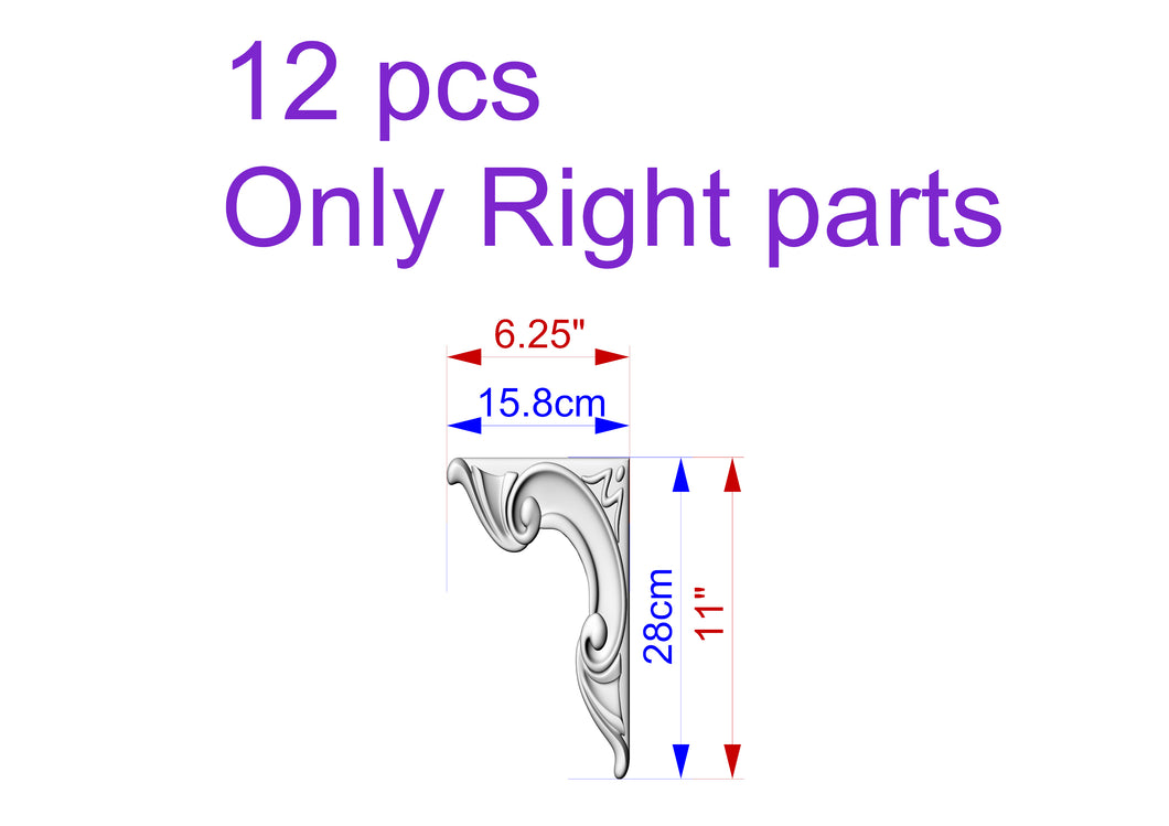 Custom order. Victorian Carved Wood Corner Onlays (right part) 12pcs. Size: Height-11
