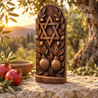 Star of David Oak Wood Sculpture with Olive Branches and Pomegranates, Judaica Home Decor, Jewish Wedding and Housewarming Gift