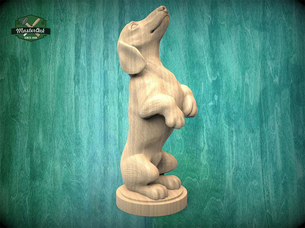 A wooden sculpture of a dog standing on its hind legs, with a raised front paw, against a green background.