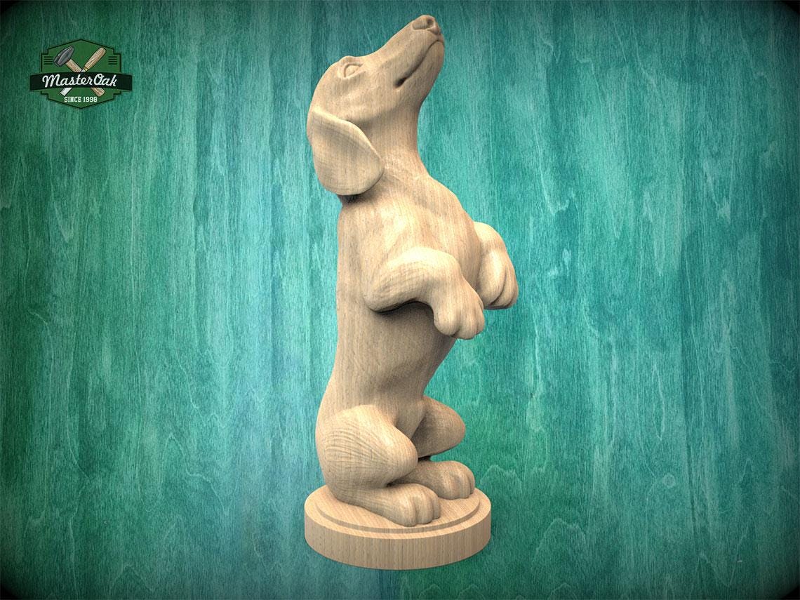 A wooden sculpture of a dog standing on its hind legs, with a raised front paw, against a green background.