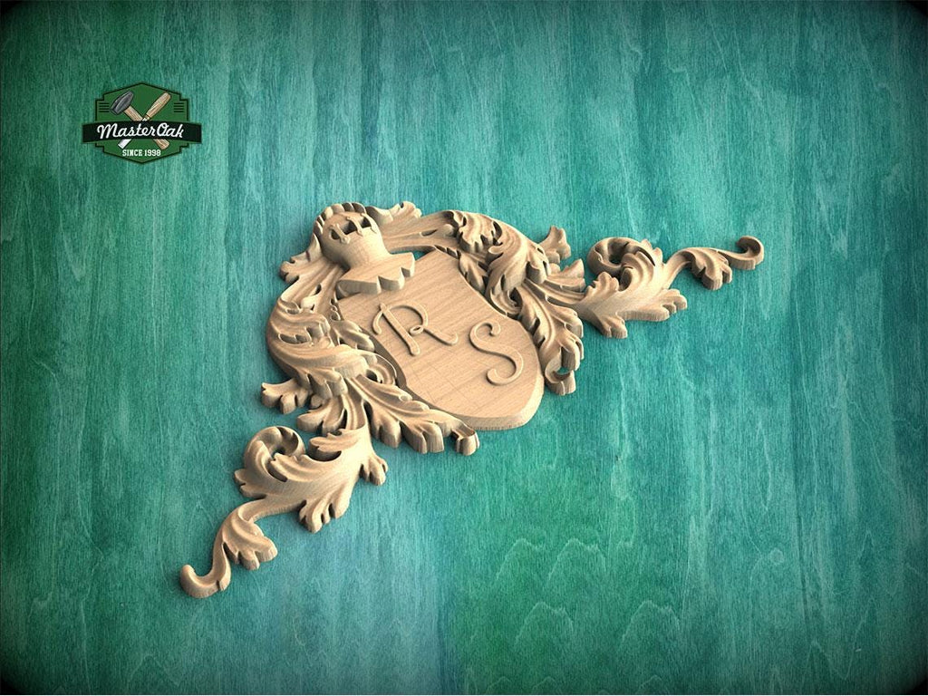 Personalized Regal Acanthus Leaf Wood Onlay, Heraldic Shield for Stately Decor, 1 pc, Unpainted, decorative wood trim