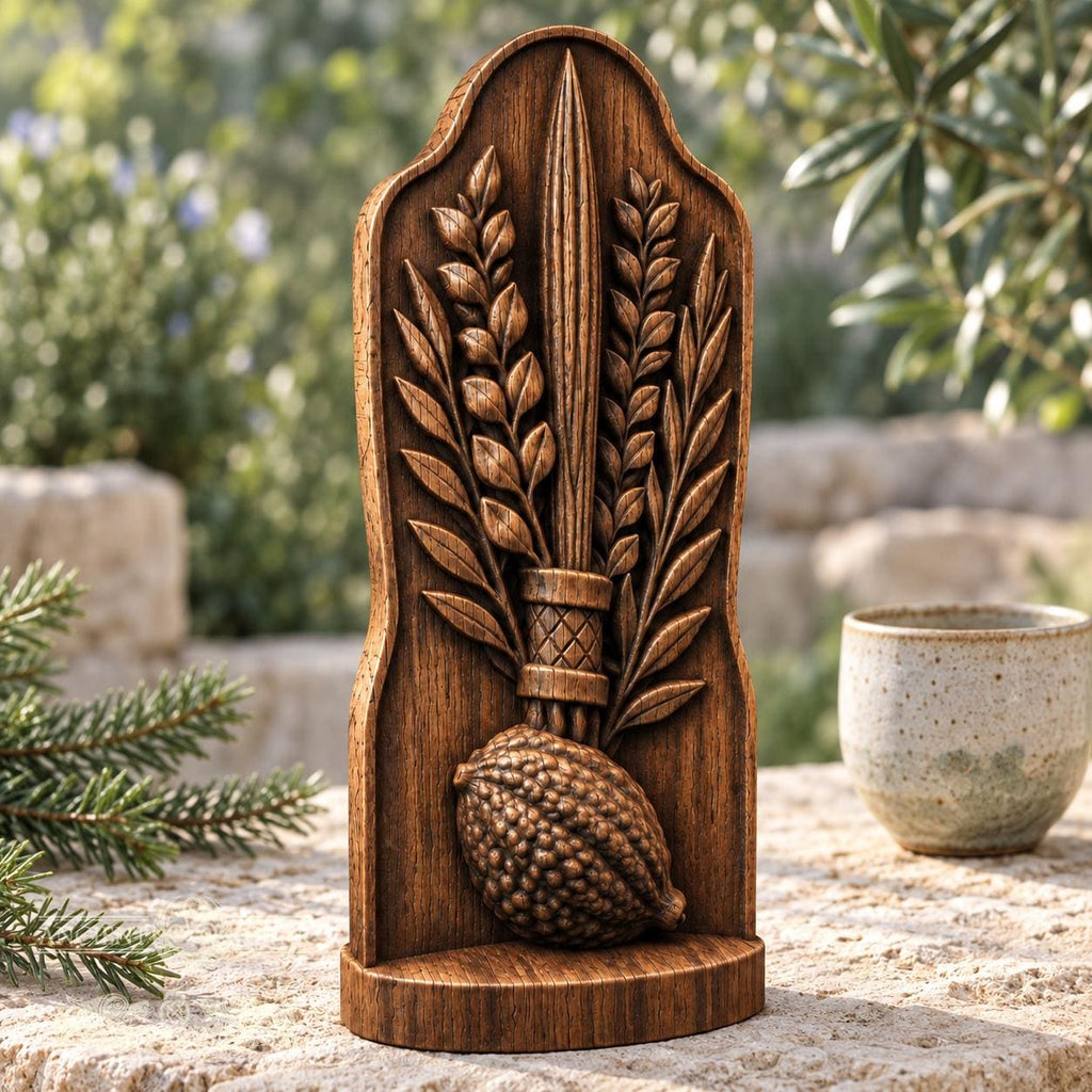 Lulav and Etrog Oak Wood Sculpture, Four Species Botanical Relief, Sukkot Decor, Judaica Art, Jewish Holiday Gift