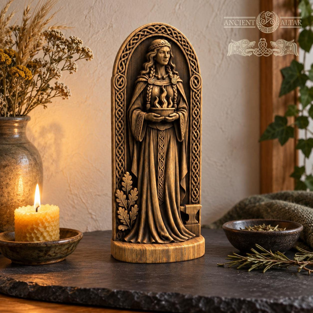 Brigid Statue with Sacred Flame and Anvil, Wooden Celtic Goddess Figurine, Imbolc Altar Decor, Irish Pagan Smithcraft Gift