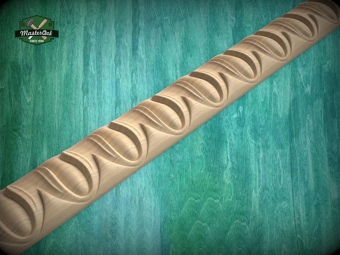 A wooden carving with a curved, wavy design is displayed against a teal-colored background.