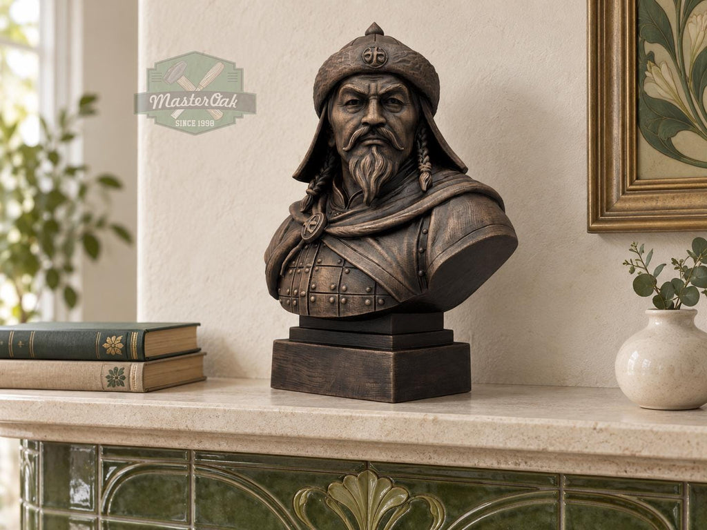 Genghis Khan Bust | Carved & Hand-Finished Wood Statue | Mongolian History Decor