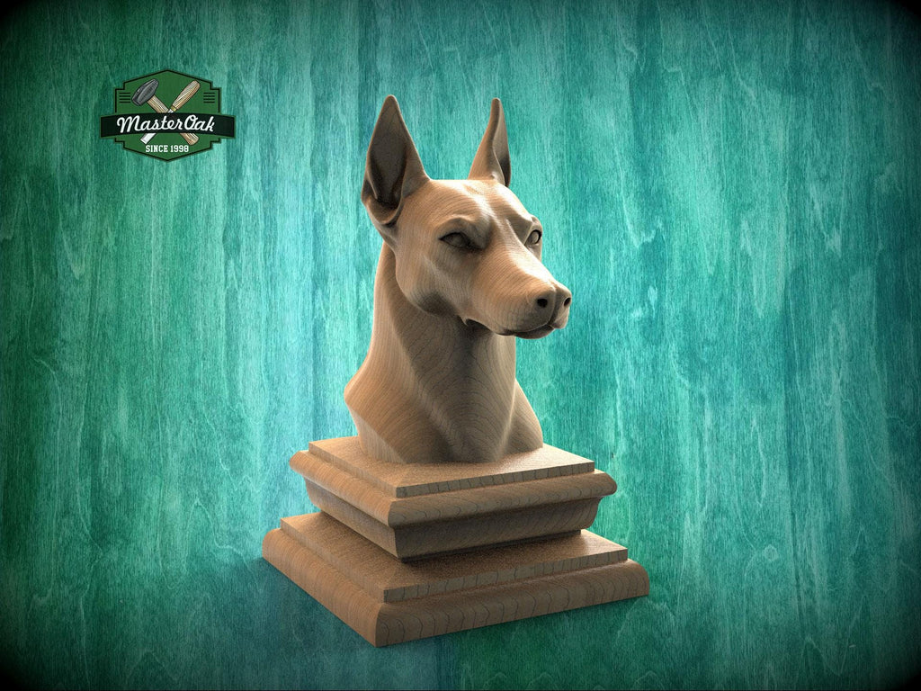 Wooden Doberman sculpture as a newel post topper, unfinished solid wood