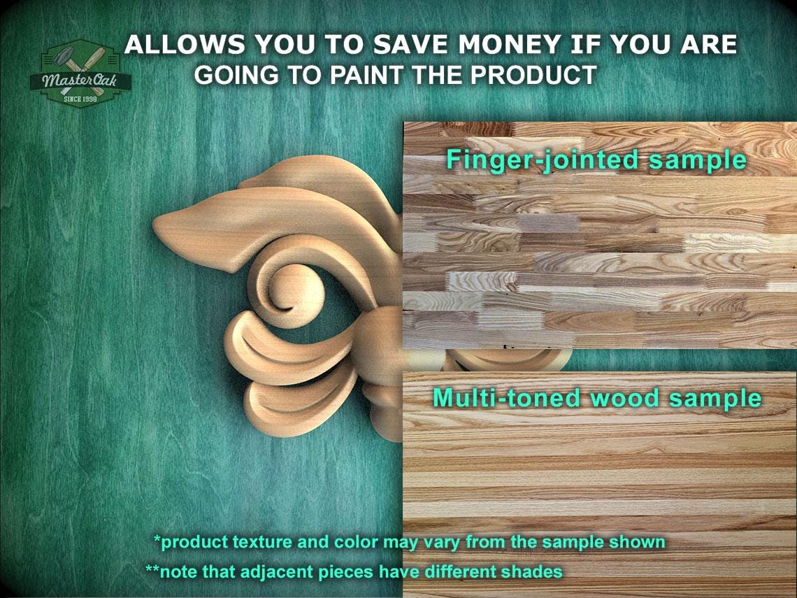 The image is a promotional advertisement for Master Oak, a company that sells wood products. It features a close-up of a wooden carving and a sample of wood with different textures and colors, along with text providing information about the products.