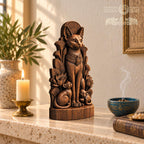 Egyptian Bastet Cat Statue with Kittens, Wooden Goddess Figurine, Ancient Egypt Altar Decor, Cat Lover Gift, Pagan Sculpture