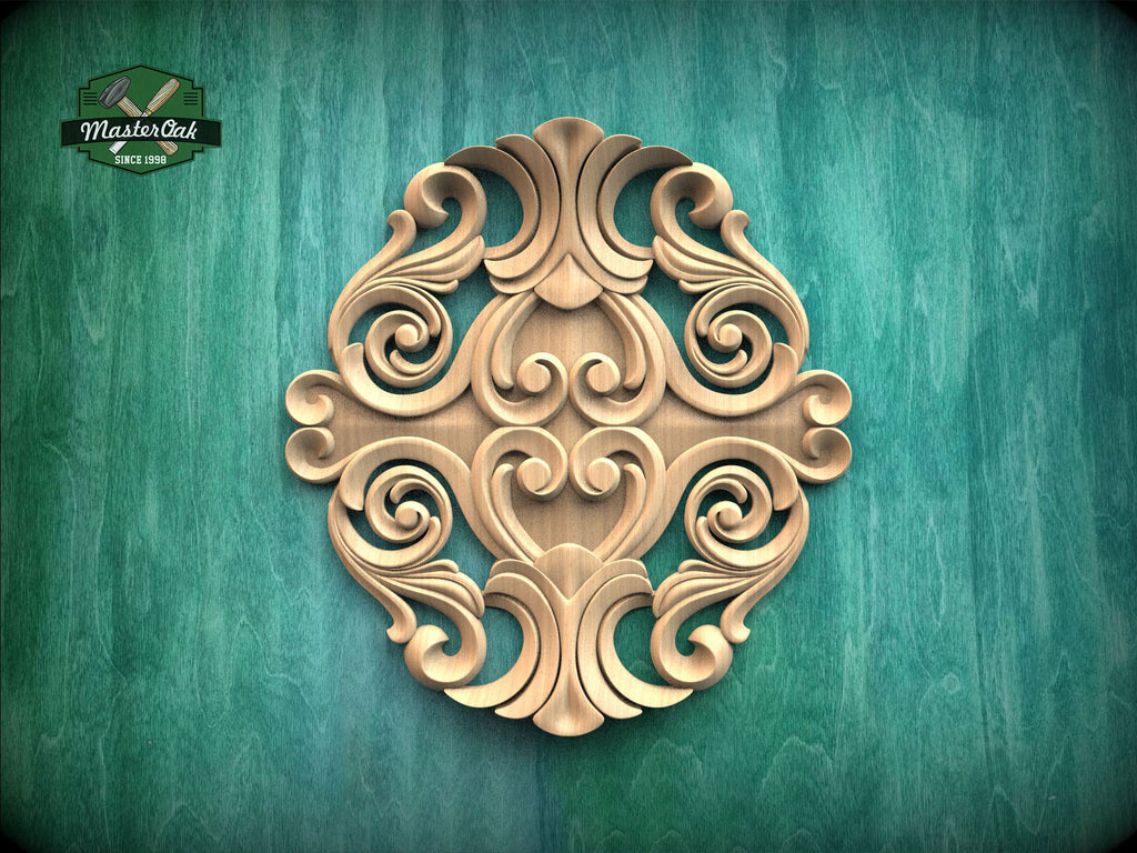 a decorative wooden carving on a green background.