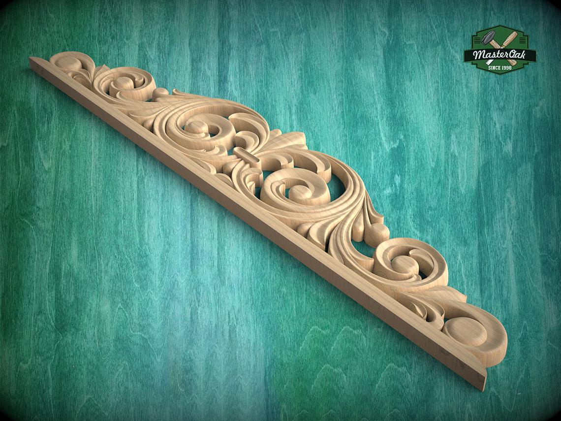 A decorative wooden carving with intricate scrollwork is displayed against a green textured background.