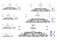 Load image into Gallery viewer, a collection of ornamental designs, each with its own size and scale. The designs are depicted in various sizes, ranging from 10" to 76" in centimeters. The image provides a visual representation of the different sizes and dimensions of these decorative elements, allowing for a clear understanding of their relative sizes and proportions.
