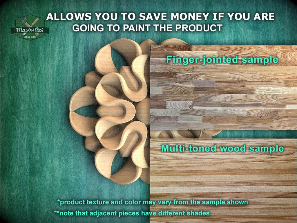 The image is a promotional advertisement for Master Oak, a company that sells wood products. It features a close-up of a wooden sample, showcasing the texture and color of the wood. The ad highlights that the product texture and color may vary from the sample shown, and that adjacent pieces have different shades. The ad also mentions that the product is finger-joined and multi-toned, indicating that it is a high-quality, versatile wood product.