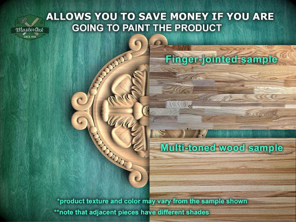 The image is a promotional advertisement for Master Oak Paint, showcasing a variety of wood samples. It features a close-up of a wooden panel with a decorative design, as well as a close-up of a multi-toned wood sample. The text on the image provides information about the paint samples, including that they allow for savings if the product is painted, and that the product texture and color may vary from the sample shown. The image also mentions that adjacent pieces have different shades.