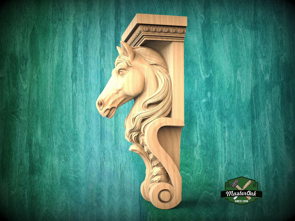 A carved wooden horse head mounted on a green wooden wall.