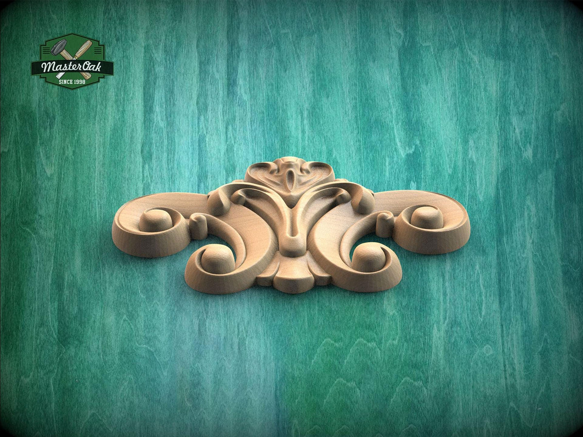 A wooden carving with an intricate, decorative design is displayed against a green textured background.