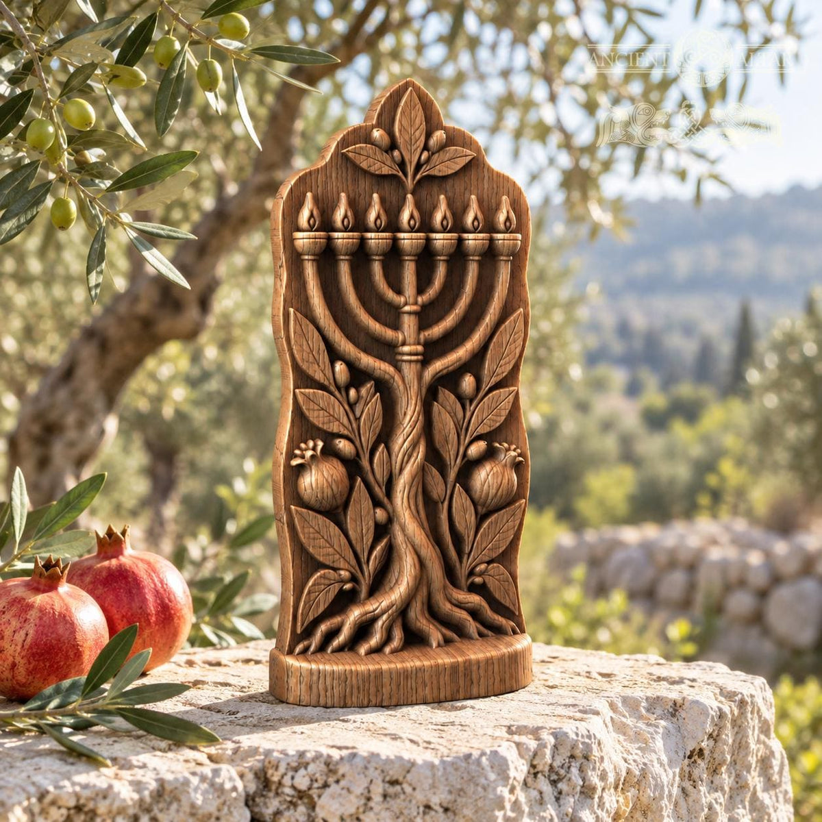 Tree of Life Menorah Sculpture, Solid Oak Judaica with Pomegranates and Olive Branches, Jewish Home Decor, Housewarming Gift