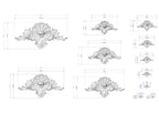 a collection of ornate, decorative designs in a monochromatic style, with measurements and scale details provided.