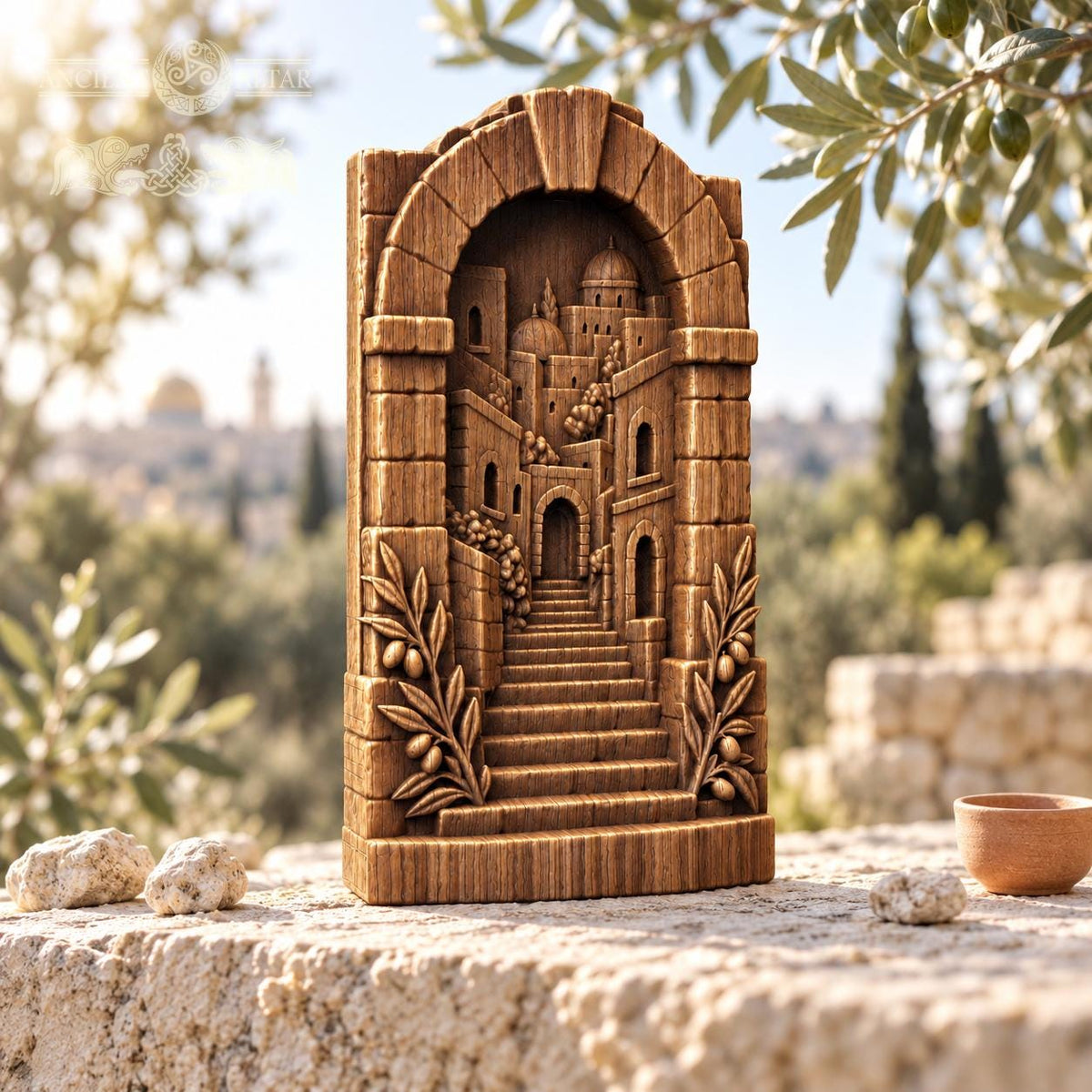 Jerusalem Old City Wood Relief, Solid Oak Architectural Sculpture with Stone Arch and Olive Branches, Judaica Housewarming Gift