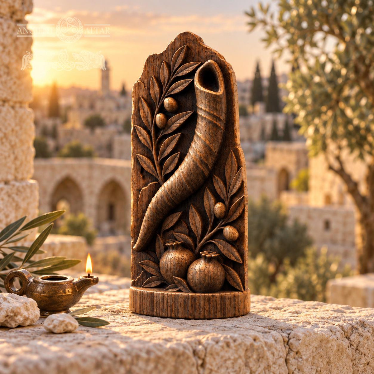 Shofar Oak Wood Relief with Pomegranates and Olive Branches, Judaica Sculpture, Rosh Hashanah Decor, Jewish Housewarming Gift