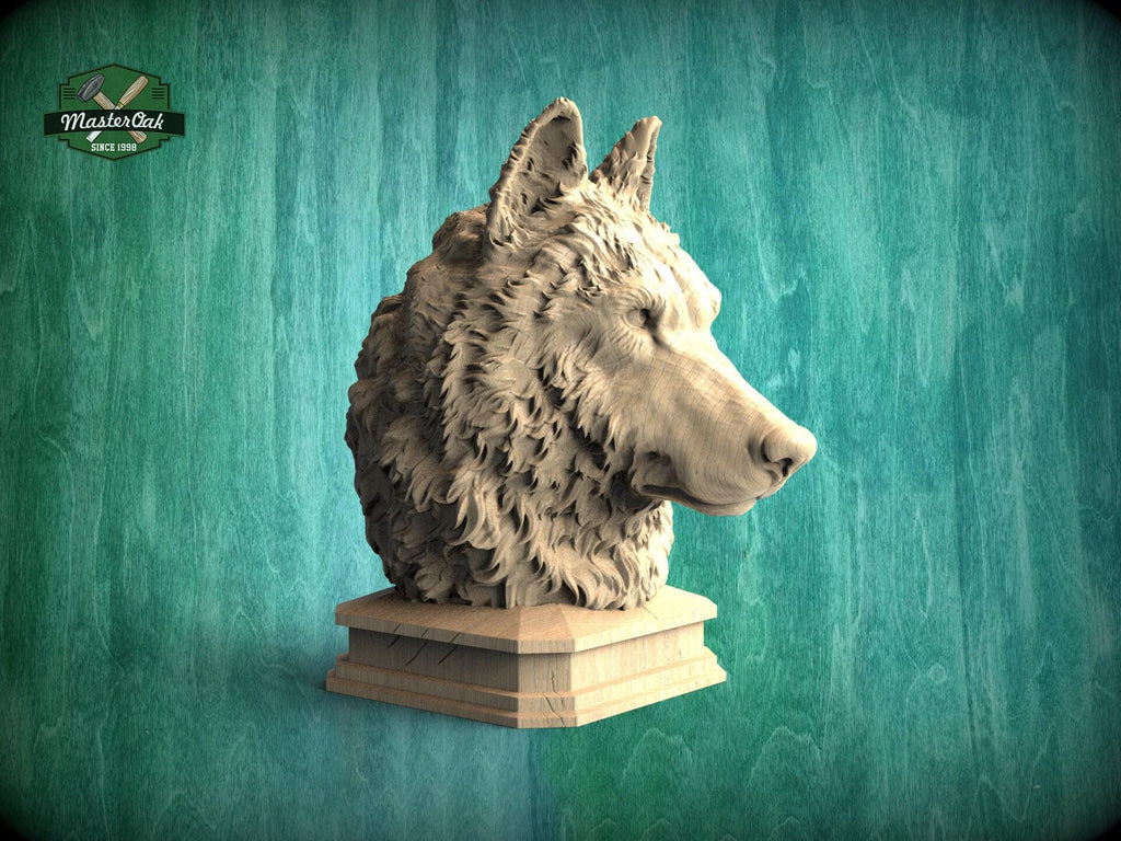 Carved Wolf Head Sculpture - Wooden Newel Post Finial, Nordic Style Animal Art Topper