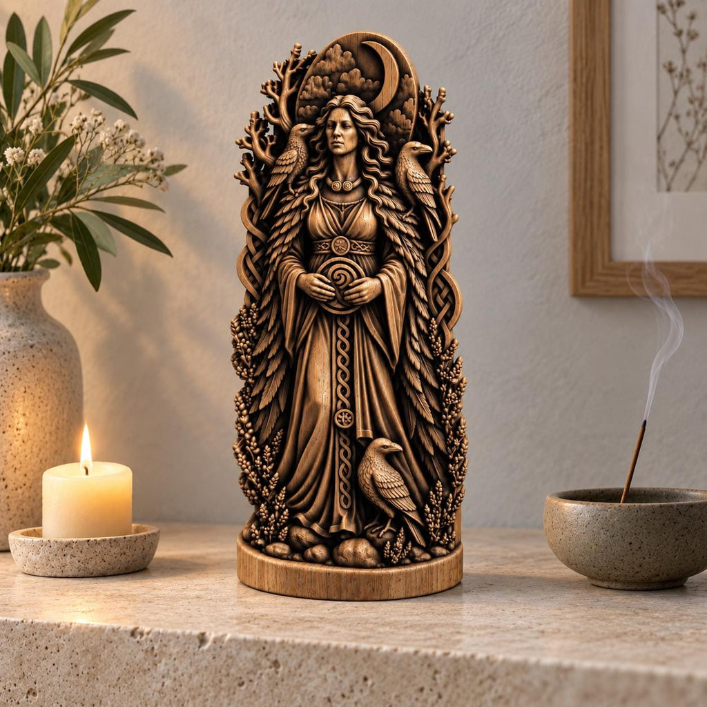 Morrigan Raven Queen Figurine, Celtic War Goddess Statue, Wooden Irish Deity, Dark Pagan Altar Decor, Witchcraft Gift
