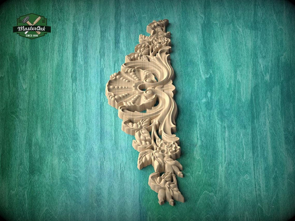 a decorative wooden carving on a green background.
