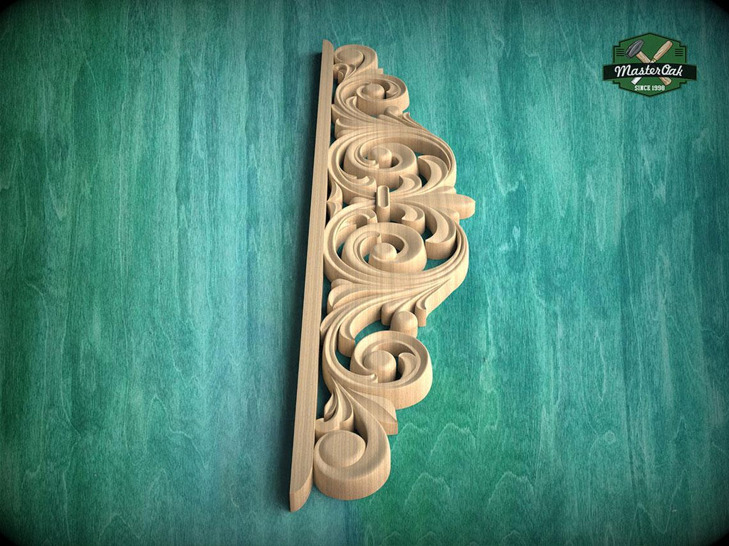 A decorative wooden carving with intricate scrollwork is displayed against a green textured background.
