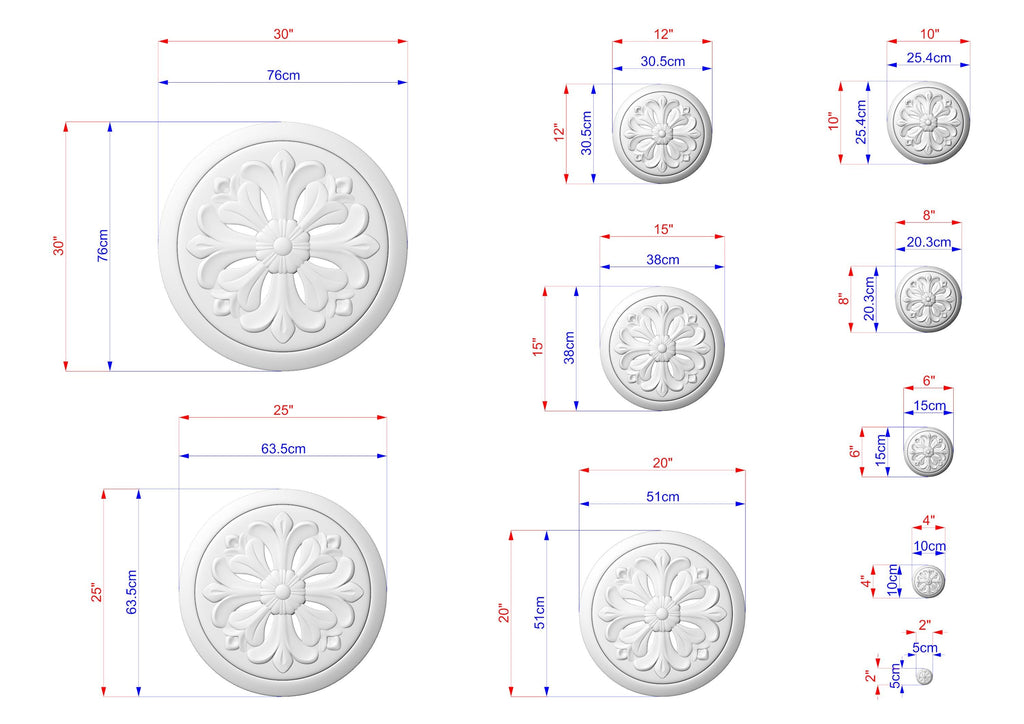 various sizes of decorative moldings or wall carvings, each with its own unique design. The sizes are indicated in centimeters, with the largest one being 30 cm and the smallest one being 6 cm. The image is a collection of these decorative elements, showcasing different styles and dimensions.